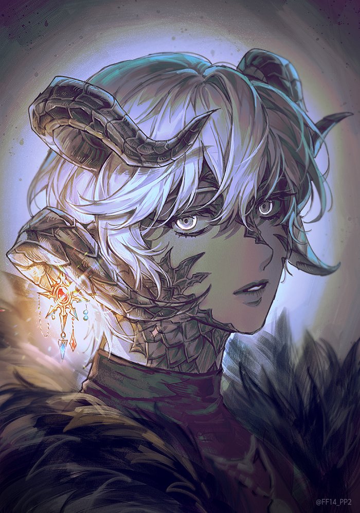 1girl au_ra black_lips commentary_request curled_horns dragon_girl dragon_horns earrings expressionless ff14_pp2 final_fantasy final_fantasy_xiv from_side fur_trim glint glowing glowing_eyes glowing_jewelry grey_background grey_eyes grey_hair horns jewelry korean_commentary limited_palette looking_at_viewer multicolored_eyes multiple_horns parted_lips portrait ringed_eyes scales short_hair simple_background solo twitter_username two-tone_eyes ultima_horns_(ff14) warrior_of_light_(ff14) white_eyes