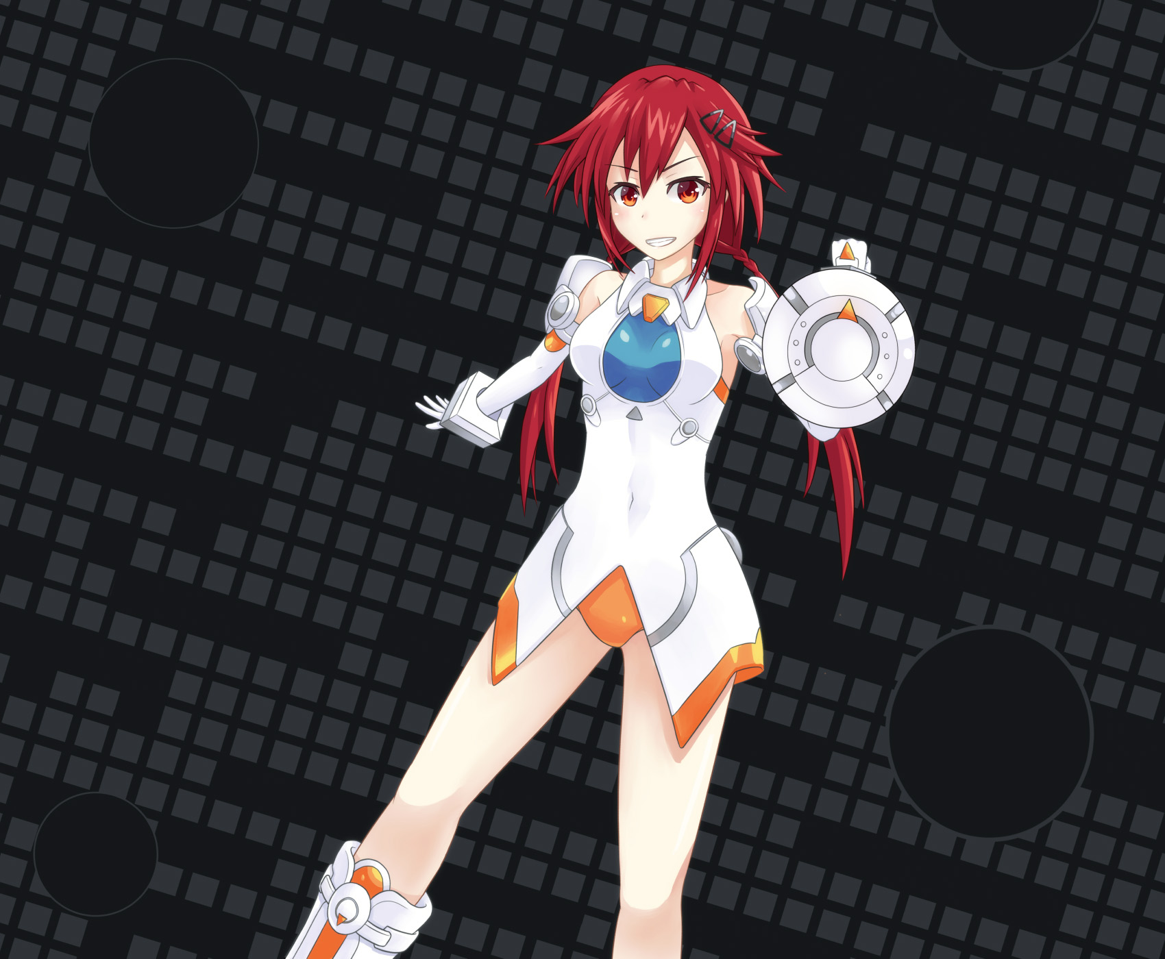 1girl bare_shoulders braid breasts covered_navel elbow_gloves female_focus gloves grin hair_ornament hairclip halcyon_(halcyon90) highres leotard long_hair looking_at_viewer medium_breasts neptune_(series) orange_eyes orange_heart_(neptunia) red_hair shin_jigen_game_neptune_vii skin_tight smile solo tennouboshi_uzume twin_braids twintails white_gloves