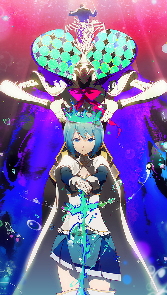 10s 1girl air_bubble armor blue_eyes blue_hair bubble cape crown female_focus gloves magical_girl mahou_shoujo_madoka_magica mahou_shoujo_madoka_magica_(anime) matching_hair/eyes miki_sayaka miki_sayaka_(magical_girl) naye oktavia_von_seckendorff short_hair solo spoilers sword thighhighs weapon witch_(madoka_magica) zettai_ryouiki