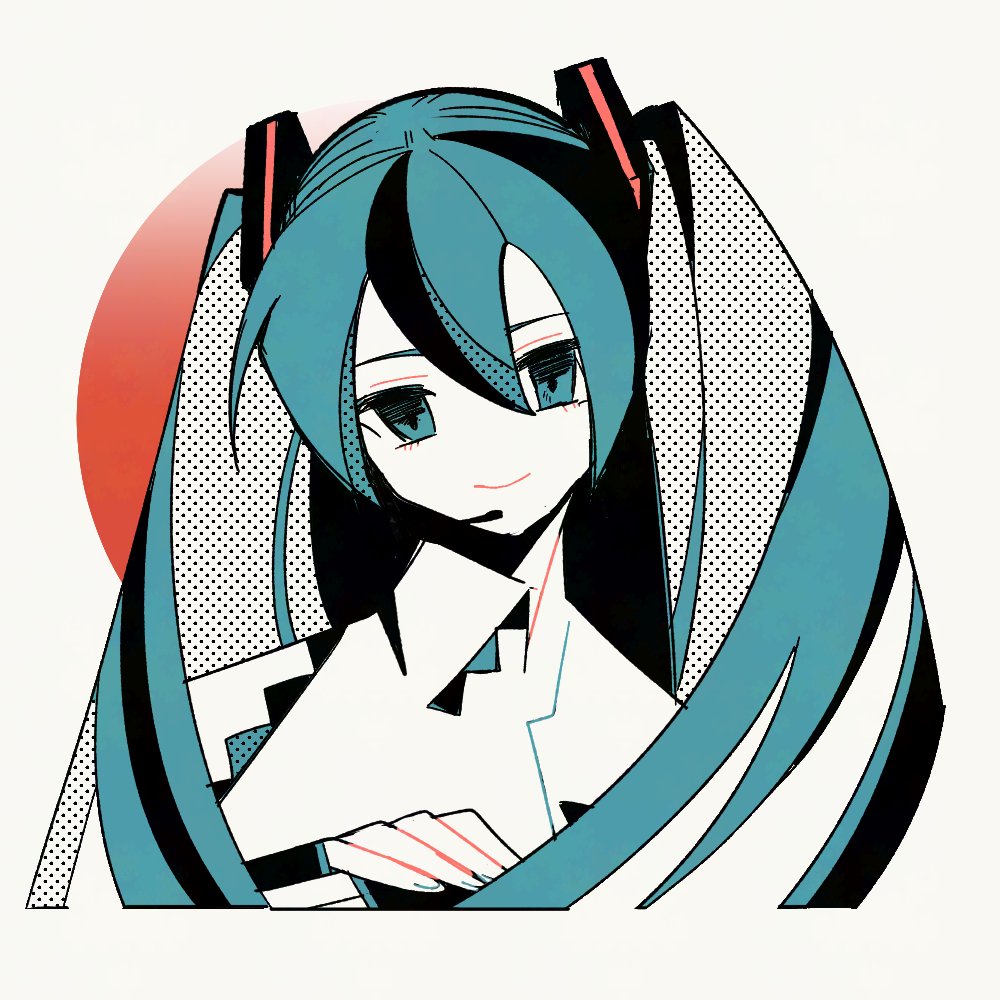 1girl blue_eyes blue_hair cropped_torso hair_ornament hashtag-only_commentary hatsune_miku head_tilt headset long_hair looking_at_viewer machigami_yoh own_hands_together revision smile solo twintails vocaloid