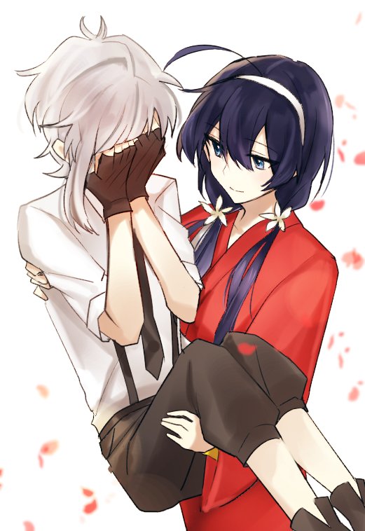 1boy 1girl ahoge black_gloves black_hair black_necktie black_pants blue_eyes bungou_stray_dogs carrying carrying_person closed_mouth collared_shirt commentary_request covering_face fingerless_gloves flower gloves grey_hair hair_between_eyes hair_flower hair_ornament hairband hetero izumi_kyouka_(bungou_stray_dogs) japanese_clothes kimono light_smile long_hair long_sleeves low_twintails msg_074 nakajima_atsushi_(bungou_stray_dogs) necktie pants petals princess_carry red_kimono reverse_princess_carry shirt shoes short_hair suspenders twintails white_background white_hairband white_shirt