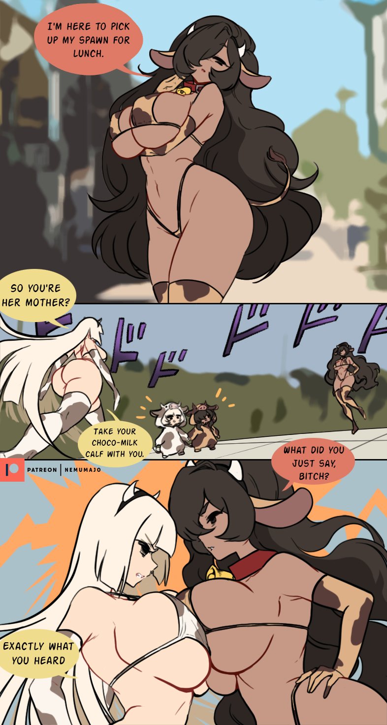 4girls animal_costume animal_ears animal_print bell bikini black_hair blonde_hair borrowed_character breasts confrontation cow_costume cow_ears cow_girl cow_hood cow_horns cow_print cow_print_bikini cow_print_gloves cow_print_thighhighs cow_tail cowbell dark-skinned_female dark_skin dodododo fake_horns gloves highres horns jojo_pose large_breasts long_hair meme menacing_(jojo) mother_and_daughter multiple_girls navel neck_bell nemumajo oh?_you&#039;re_approaching_me?_(meme) open_mouth original parody print_bikini print_gloves print_thighhighs scene_reference sound_effects swimsuit tail thighhighs walking