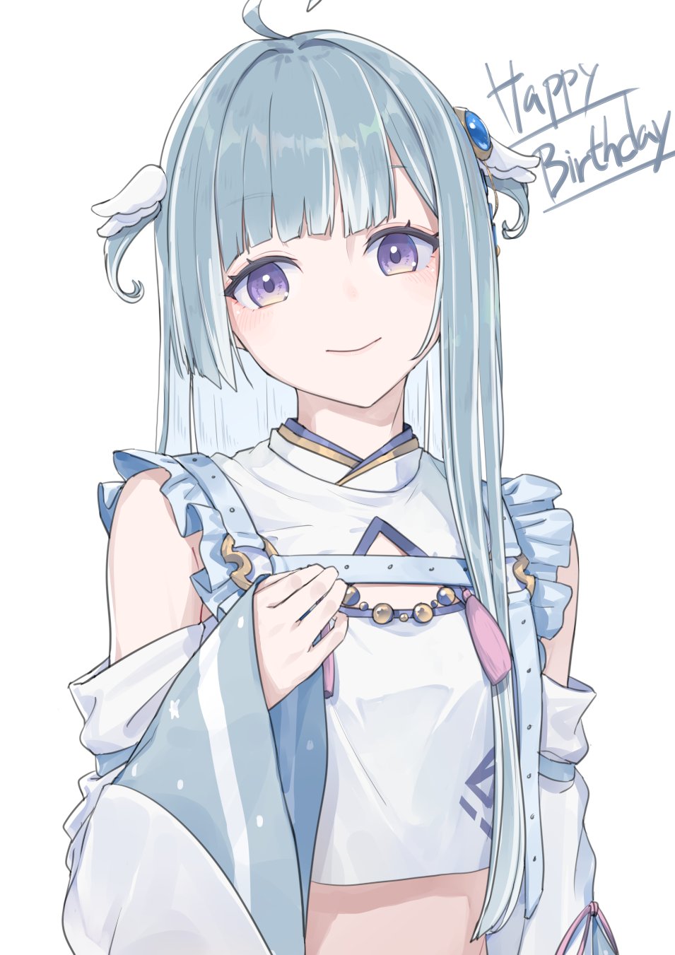 1girl amaui amaui_(2nd_costume) asymmetrical_hair atsushima belt blue_belt blue_hair blue_sleeves blunt_bangs closed_mouth crop_top detached_sleeves frilled_shirt frills happy_birthday highres long_hair looking_at_viewer multicolored_hair nanashi_inc. purple_eyes shirt simple_background smile solo two-tone_hair two_side_up upper_body virtual_youtuber white_background white_hair white_shirt wide_sleeves