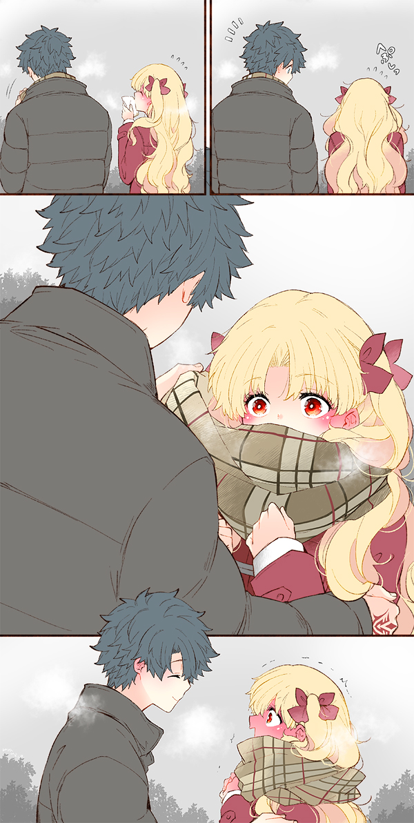 1boy 1girl azumi_(myameco) black_coat black_hair blonde_hair blush brown_scarf coat commentary ereshkigal_(fate) fate/grand_order fate_(series) fujimaru_ritsuka_(male) fujimaru_ritsuka_(male)_(winter_casual) hair_ribbon long_hair looking_at_another plaid_clothes plaid_scarf red_coat red_eyes red_ribbon ribbon scarf short_hair symbol-only_commentary