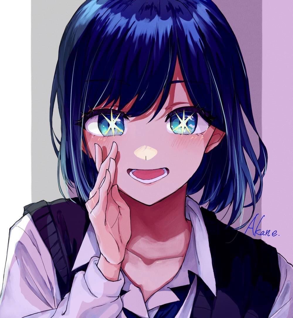 1girl blue_eyes blue_hair collarbone collared_shirt english_text goriland_inuta hand_up kurokawa_akane looking_at_viewer lower_teeth_only open_mouth oshi_no_ko shirt solo star-shaped_pupils star_(symbol) symbol-shaped_pupils teeth vest white_shirt