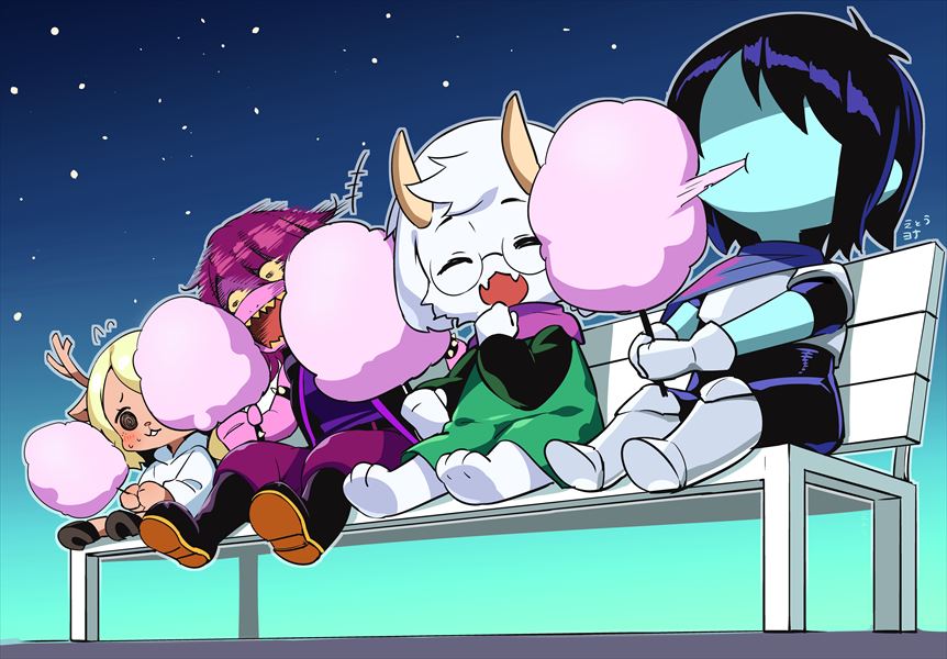 1boy 1other 2girls antlers armlet armor bench black_footwear black_hair blue_background blue_skin boots bracelet chibi clenched_hand closed_eyes colored_skin cotton_candy deltarune eating food glasses gloves gradient_background hair_over_eyes holding holding_cotton_candy holding_food horns hp_nokoketaetouyona jewelry kris_(dark_world)_(deltarune) kris_(deltarune) long_sleeves motion_blur multiple_girls night night_sky noelle_holiday noelle_holiday_(dark_world) outdoors pink_scarf pink_skin purple_hair ralsei reindeer_antlers scarf sitting sky spiked_armlet spiked_bracelet spikes susie_(dark_world)_(deltarune) susie_(deltarune) white_footwear white_gloves yellow_eyes
