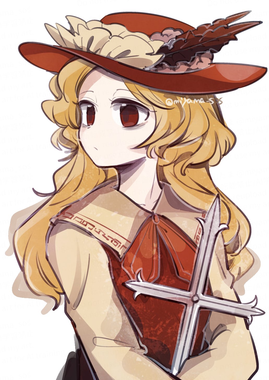 1girl blonde_hair brown_eyes brown_hat brown_vest collared_shirt commentary_request cross dolls_in_pseudo_paradise hat highres jacket_girl_(dipp) long_hair long_sleeves looking_ahead shirt simple_background solo tama_(hiroshige_36) touhou twitter_username upper_body vest white_background white_shirt