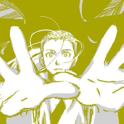 1boy aged_down close-up expressionless feathers floating_hair fullmetal_alchemist looking_at_viewer lowres male_focus mattsu monochrome open_mouth simple_background teeth upper_body van_hohenheim wind wind_lift yellow_background yellow_theme