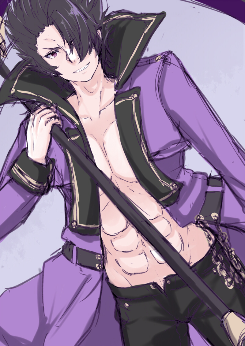 1boy 22806 abs chain coat gordeau_(under_night_in-birth) hair_over_one_eye holding holding_scythe looking_at_viewer revealing_clothes scythe sketch smile spiked_hair under_night_in-birth under_night_in-birth_2_sys:celes