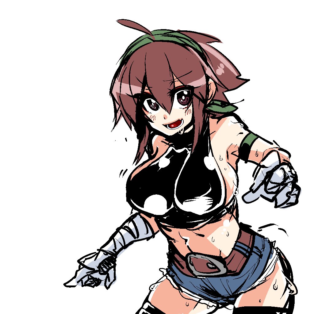 1girl ahoge bandit_(tales_of_destiny_2) belt black_sports_bra black_thighhighs blue_shorts blush breasts brown_belt brown_eyes brown_hair commentary_request contrapposto cowboy_shot fang gloves green_hairband hairband kamen_no_hito large_breasts looking_at_viewer lower_teeth_only medium_hair midriff navel open_mouth shorts sideboob simple_background sketch skin_fang smile solo sports_bra sweat tales_of_(series) tales_of_destiny tales_of_destiny_2 teeth thighhighs v-shaped_eyebrows white_background white_gloves