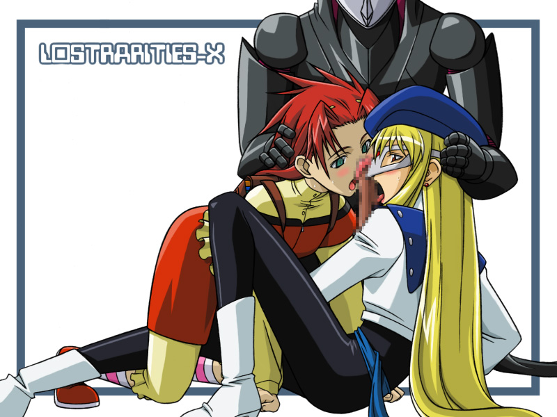 00s 1boy 2girls all_fours armor backpack bag belt beret blonde_hair blush boots censored cooperative_fellatio earrings eris_willamette fellatio gear_senshi_dendou green_eyes hand_on_another&#039;s_head hat hetero jewelry long_hair long_sleeves mask mosaic_censoring multiple_girls open_fly open_mouth oral penis randoseru red_eyes red_hair short_hair sitting socks striped_legwear takapiko teamwork teamwork_(sexual) tongue unzipped vega_(dendoh) very_long_hair