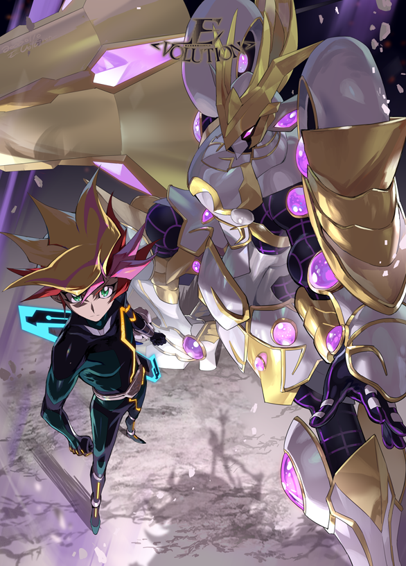 2boys accesscode_talker aqua_eyes armor artist_logo black_bodysuit blonde_hair bodysuit duel_disk duel_monster e_volution from_above fujiki_yusaku full_body logo looking_up multicolored_hair multiple_boys pink_hair playmaker_(yu-gi-oh!) red_hair spiked_hair standing weapon yu-gi-oh! yu-gi-oh!_vrains