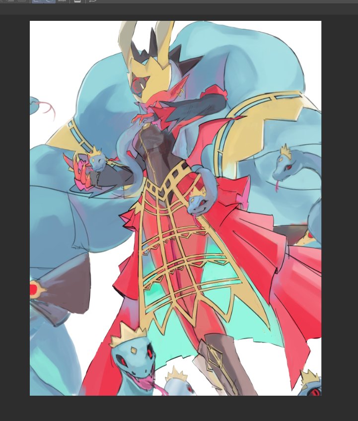 arupg black_sclera colored_sclera colored_skin crown digimon digimon_(creature) earrings jewelry mask medusamon pointy_ears red_eyes red_skin ribbon snake_hair tongue tongue_out wings