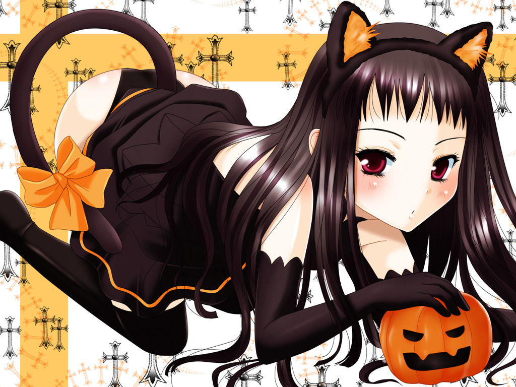 1girl animal_ears ar_tonelico ar_tonelico_ii black_hair blush cat_ears cat_tail child elbow_gloves fake_animal_ears female_focus gloves halloween inumori_sayaka jack-o&#039;-lantern jakuri_(ar_tonelico) pumpkin red_eyes ribbon solo tail tail_ornament tail_ribbon white_background