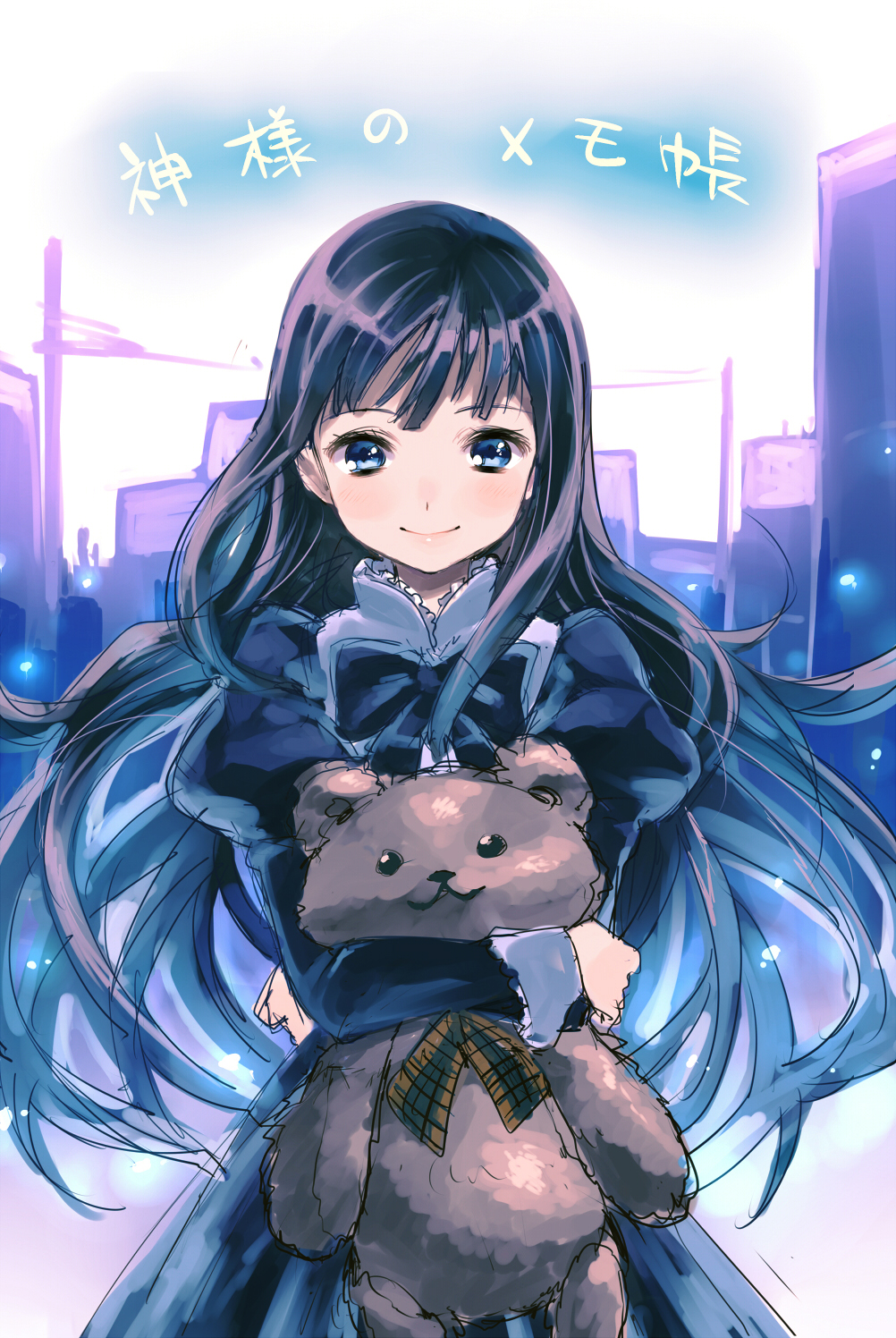 1girl :3 black_hair blue_eyes blush copyright_name dress female_focus highres hugging_doll hugging_object juliet_sleeves kami-sama_no_memo-chou long_hair long_sleeves looking_at_viewer puffy_sleeves revision senri_gan shionji_yuuko sketch smile solo stuffed_animal stuffed_toy teddy_bear very_long_hair