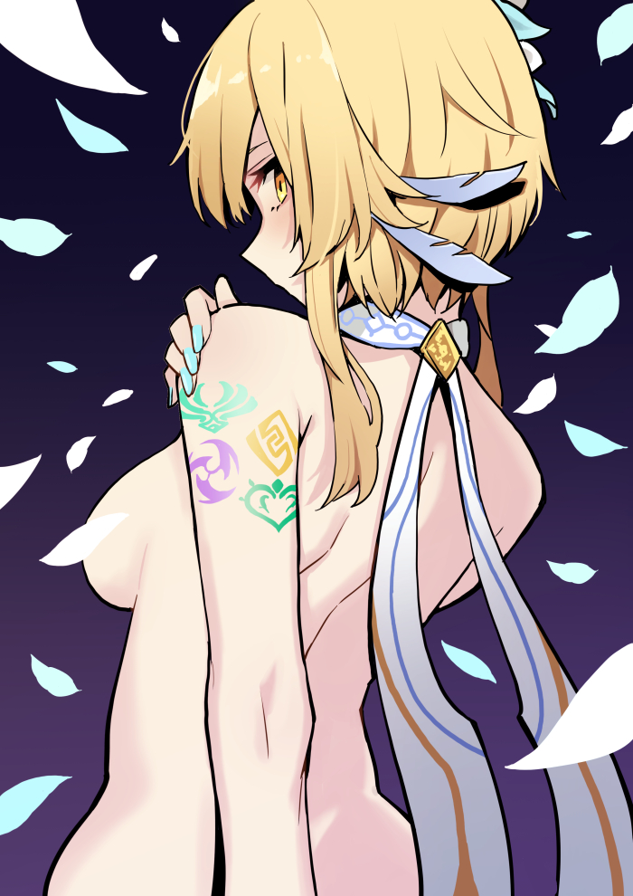 1girl arm_tattoo back blonde_hair blue_nails blush breasts commentary convenient_censoring feather_hair_ornament feathers from_behind genshin_impact gradient_background hair_ornament hand_on_own_shoulder hotaru_(86005408) looking_at_viewer looking_back lumine_(genshin_impact) medium_breasts medium_hair nail_polish petal_censor petals purple_background sideboob sidelocks simple_background solo standing tattoo topless_female upper_body yellow_eyes