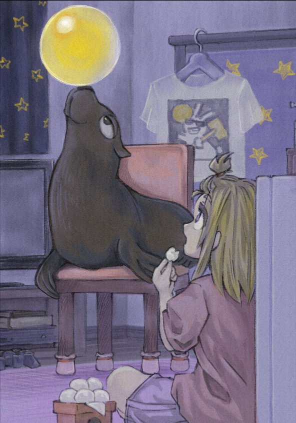 1girl animal balancing_on_nose bangs_pinned_back blue_shorts brown_hair chair clothes_hanger controller crt curtains dualshock eating food game_console game_controller gamepad indoors medium_hair mugi_sada on_floor open_mouth original playstation_2 playstation_controller rug seal_(animal) shirt shorts sitting star_(symbol) star_print t-shirt television unworn_shirt