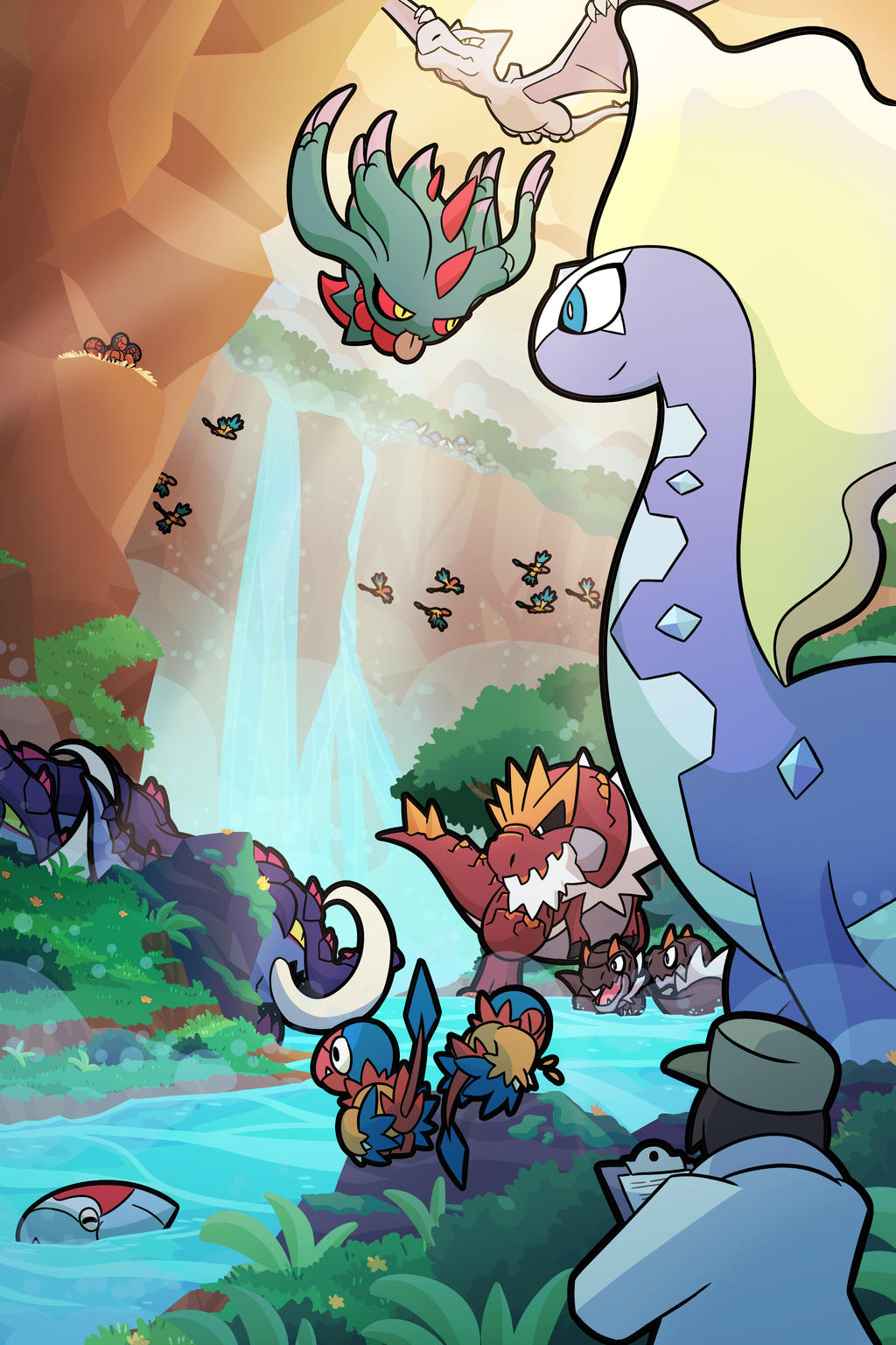 1boy aerodactyl archen archeops aurorus cap cascade clipboard dracovish flutter_mane gen_1_pokemon gen_4_pokemon gen_5_pokemon gen_6_pokemon gen_8_pokemon great_tusk lab_coat nest nintendo pokemon rampardos river tyrantrum tyrunt valley