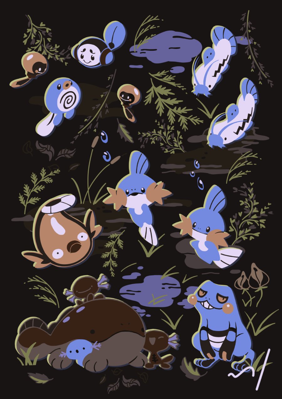 barboach black_background black_eyes blue_skin bubble clodsire colored_sclera colored_skin croagunk dark_skin fins fish flower gen_1_pokemon gen_2_pokemon gen_3_pokemon gen_4_pokemon gen_5_pokemon highres leaf mudkip nessiesu nintendo no_humans orange_sclera paldean_wooper pokemon pokemon_(creature) poliwag simple_background smile standing stunfisk tadbulb tympole water wooper
