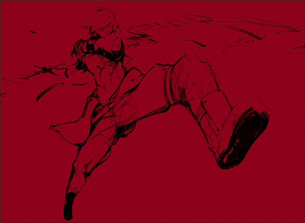 1boy boots commentary_request full_body gauntlets grin hair_over_eyes jumping male_focus mechanic_(ragnarok_online) monochrome motion_blur pants ragnarok_online red_theme short_hair simple_background smile solo tugmix