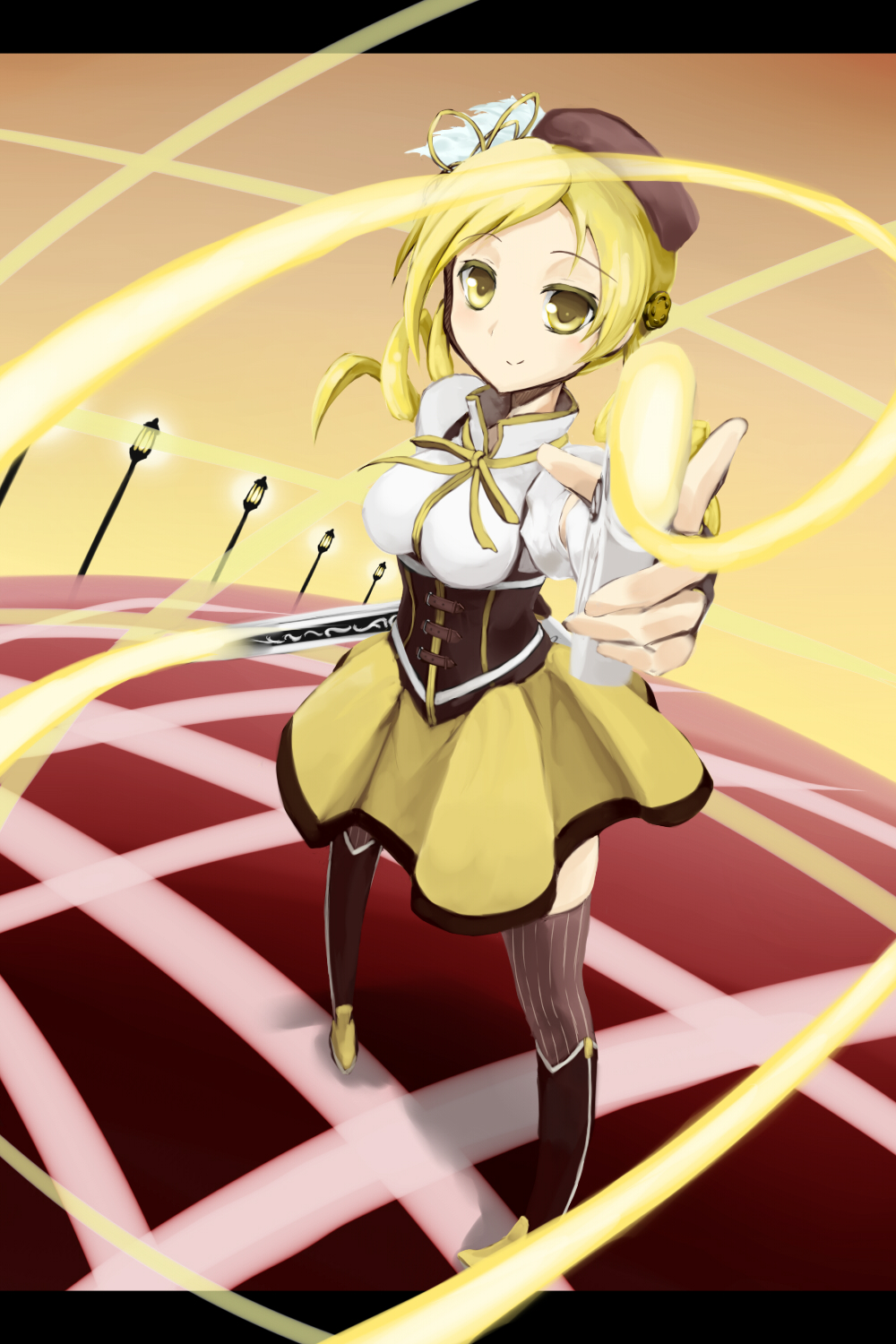 10s 1girl aiming aiming_at_viewer bad_id bad_pixiv_id beret blonde_hair boots breasts brown_thighhighs corset detached_sleeves drill_hair dual_wielding female_focus fingerless_gloves foreshortening gloves gun hair_ornament hairpin hat highres holding lamppost large_breasts letterboxed light_smile looking_at_viewer magical_girl magical_musket mahou_shoujo_madoka_magica mahou_shoujo_madoka_magica_(anime) perspective pigeon-toed pleated_skirt puffy_sleeves ribbon rifle shirt skirt smile solo standing striped_clothes striped_thighhighs taut_clothes taut_shirt thighhighs tomoe_mami tomoe_mami_(magical_girl) tumikaze twin_drills twintails vertical-striped_clothes vertical-striped_thighhighs weapon yellow_eyes zettai_ryouiki