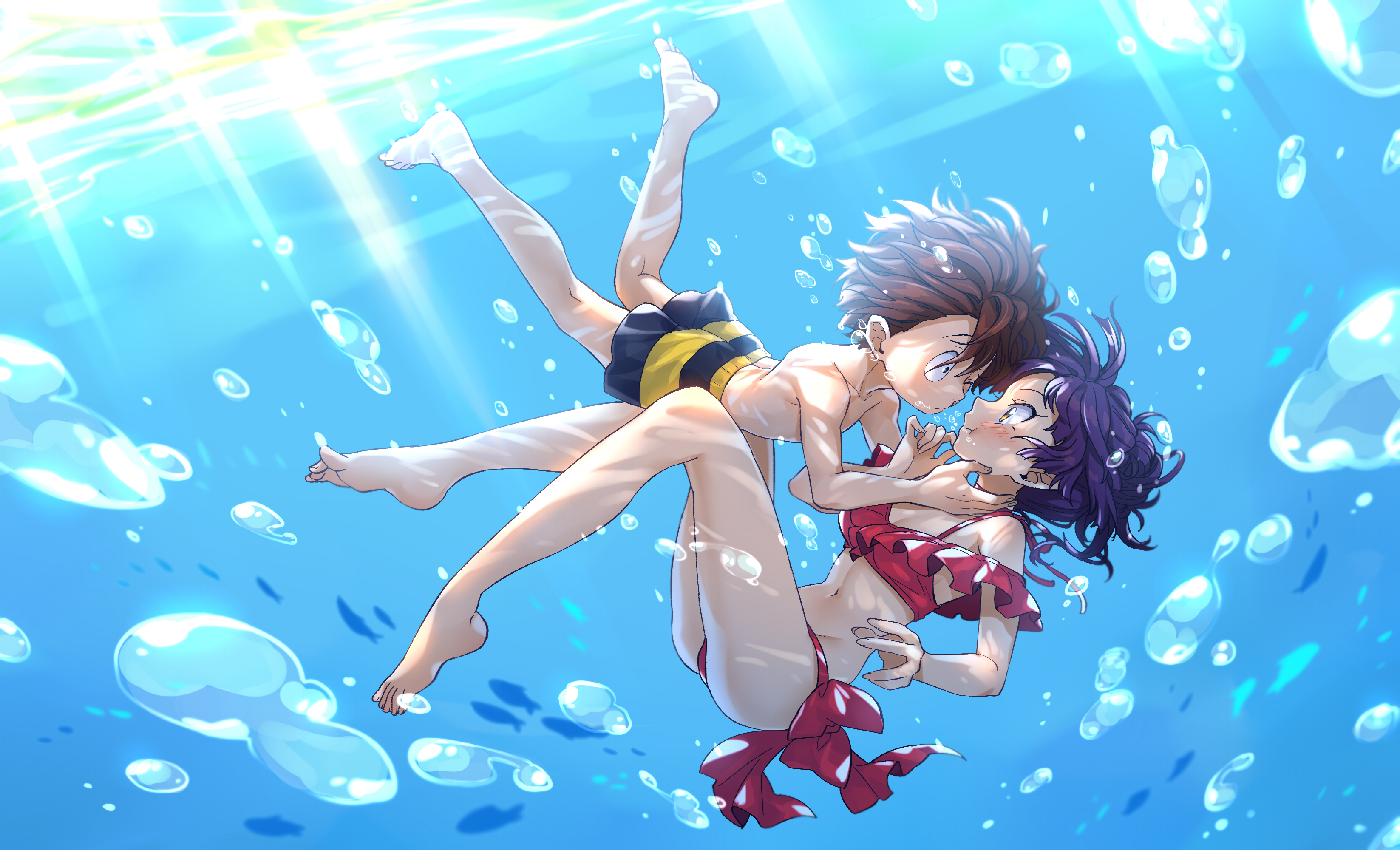 1boy 1girl absurdres adapted_costume air_bubble bare_arms bare_legs barefoot bikini breasts brown_hair bubble cleavage eye_contact feet floating_hair from_side gegege_no_kitarou groin hetero highres imminent_kiss kitarou legs looking_at_another navel nekomusume nekomusume_(gegege_no_kitarou_6) purple_hair red_bikini short_hair silanduqiaocui small_breasts striped_male_swimwear swimsuit toes underwater yellow_eyes