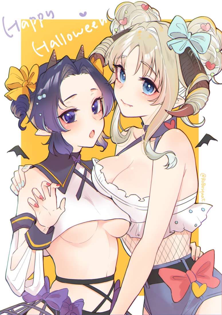 2girls aqua_nails asymmetrical_docking bare_shoulders belt black_belt blonde_hair blue_eyes blush bow breast_press breasts carrot_(robosquat) cleavage clothing_cutout crop_top crossover darling_in_the_franxx detached_sleeves fishnets hair_bow hair_intakes hair_ornament hair_ribbon halloween hands_on_another&#039;s_shoulders hayami_saori horns kimetsu_no_yaiba kochou_shinobu kokoro_(darling_in_the_franxx) large_breasts looking_at_viewer multiple_girls nail_polish navel navel_cutout open_mouth pointy_ears purple_eyes purple_hair red_nails ribbon shirt short_hair short_shorts shorts simple_background skindentation small_breasts standing symmetrical_docking twintails underboob underwear voice_actor_connection white_background yellow_ribbon