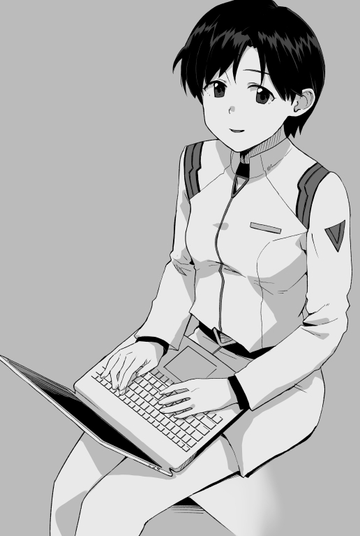1girl computer cowboy_shot greyscale ibuki_maya laptop looking_at_viewer makio_(makiomeigenbot) military military_uniform monochrome neon_genesis_evangelion pantyhose pencil_skirt short_hair sitting skirt solo