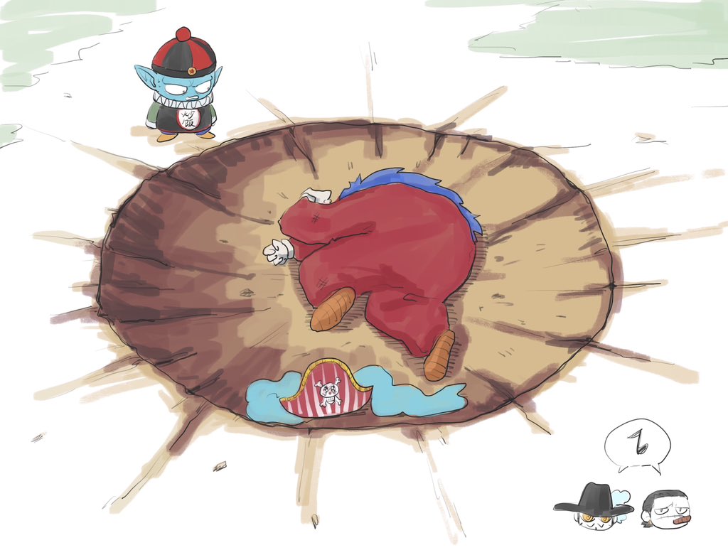 4boys buggy_the_clown commentary_request crater crocodile_(one_piece) crossover dracule_mihawk dragon_ball hat jolly_roger large_pectorals looking_at_another lying male_focus meme multiple_boys muscular muscular_male musical_note on_ground on_side one_piece parody pectorals pilaf pirate_hat pointy_ears shared_speech_bubble short_hair speech_bubble spoken_musical_note tako_(tako_yaki111) yamcha_pose_(meme)