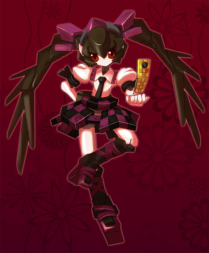 1girl akicha arm_behind_back brown_eyes camera_phone cellphone checkered_clothes crossover floating floral_background geta hat himekaidou_hatate joints levitation looking_at_viewer mechanical_hair mechanical_skirt mechanization medarot necktie no_mouth phone purple_hat robot_girl robot_joints solo standing standing_on_one_leg tengu-geta tokin_hat touhou twintails