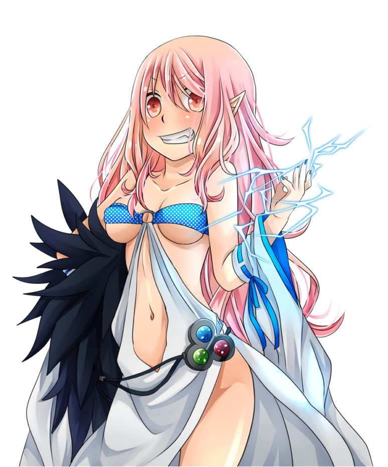 1girl belt black_belt blue_nails blush breasts commentary_request cowboy_shot detached_sleeves dress electricity electrokinesis fingernails grin long_hair looking_at_viewer medium_breasts meiko_(nattu303) navel pink_eyes pink_hair pointy_ears ragnarok_online revealing_clothes simple_background sleeveless sleeveless_dress smile solo sorcerer_(ragnarok_online) underboob white_background white_dress white_sleeves
