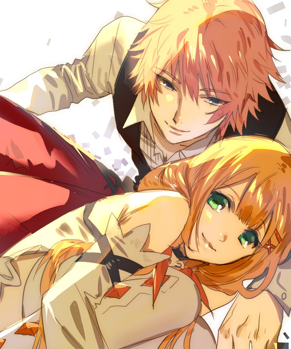 1boy 1girl bare_shoulders brother_and_sister choker closed_mouth detached_sleeves dress green_eyes hair_ornament highres kingdom_hearts kingdom_hearts_x lauriam lips long_hair long_sleeves looking_at_viewer mikuroron orange_hair siblings simple_background smile strelitzia_(kingdom_hearts) twintails very_long_hair white_background white_dress x_hair_ornament