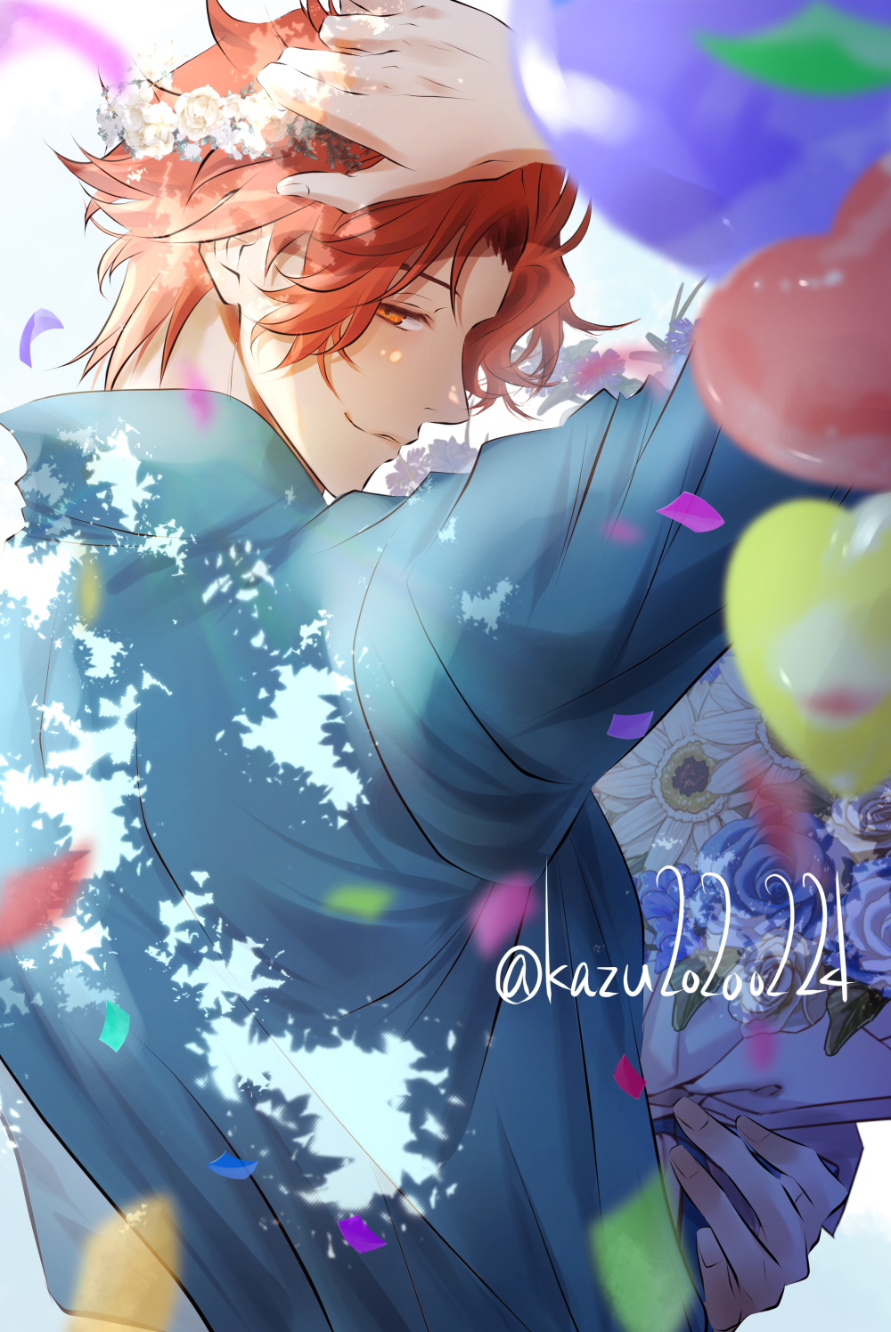 1boy arm_up balloon blue_flower blue_rose blue_shirt bouquet closed_mouth confetti curtained_hair fire_emblem fire_emblem:_three_houses flower flower_wreath highres holding holding_bouquet kazu20200224 looking_at_viewer looking_back male_focus nintendo orange_eyes orange_hair rose shirt short_hair smile solo sylvain_jose_gautier sylvain_jose_gautier_(timeskip) twitter_username upper_body white_flower