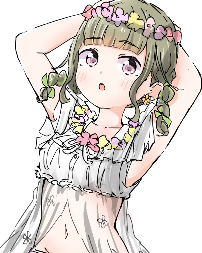 1girl :o arms_up bikini blush braid breasts center-flap_bangs collarbone commentary flower-trimmed_bikini flower_wreath green_ribbon hair_ribbon head_wreath her-bath-rium kachimachi_kosuzu link!_like!_love_live! looking_at_viewer love_live! medium_breasts medium_hair navel official_alternate_costume open_mouth pink_eyes ribbon ribbon_braid sidelocks simple_background solo stomach swimsuit symbol-only_commentary tazaki_masanobu teeth twin_braids upper_body upper_teeth_only virtual_youtuber white_background white_bikini
