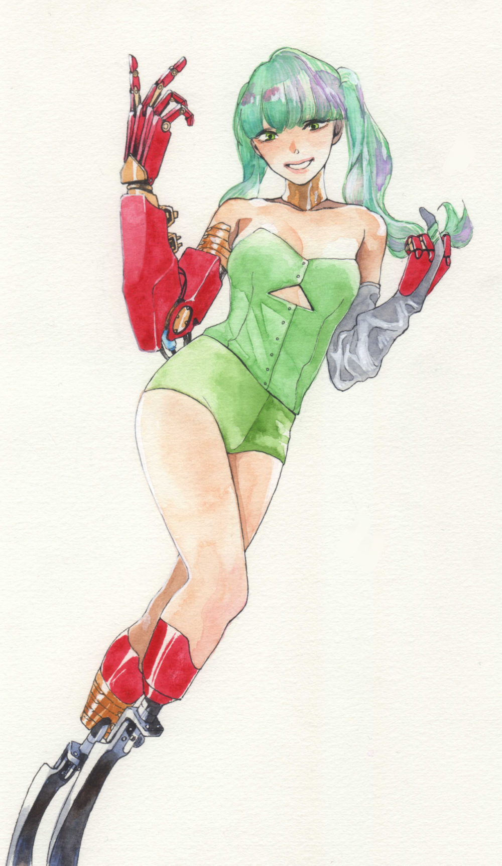 1girl amputee bad_id bad_pixiv_id breasts buttons cleavage clothing_cutout collar copyright_request gloves green_eyes green_hair grin highres long_hair mechanical_arms metal_collar multicolored_hair partially_fingerless_gloves prosthesis prosthetic_arm prosthetic_leg quadruple_amputee running_blades short_shorts shorts single_glove smile solo strapless suwami twintails