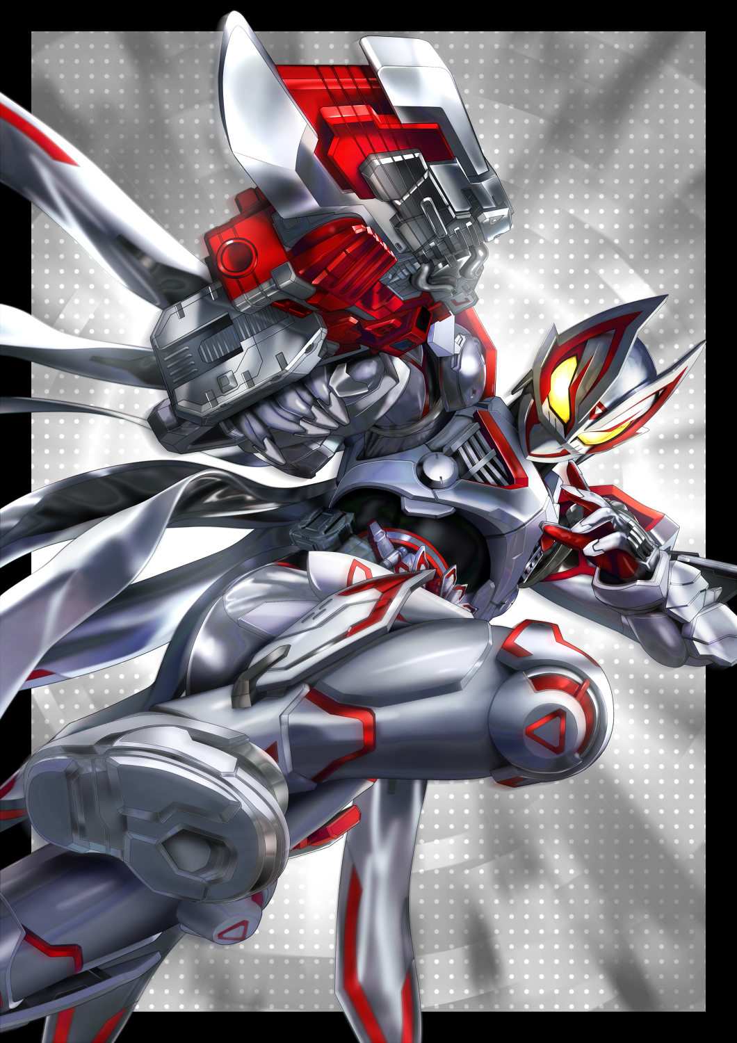 1boy armor black_bodysuit bodysuit boost_mark_ix_buckle desire_driver rider_belt fighting_stance fox_mask geats_buster_qb9 glowing glowing_eyes gun gunblade helmet highres holding holding_gun holding_weapon kamen_rider kamen_rider_geats kamen_rider_geats_(series) kamen_rider_geats_ix leg_up looking_at_viewer male_focus mask masukudo_(hamamoto_hikaru) rider_belt solo tokusatsu weapon white_armor yellow_eyes