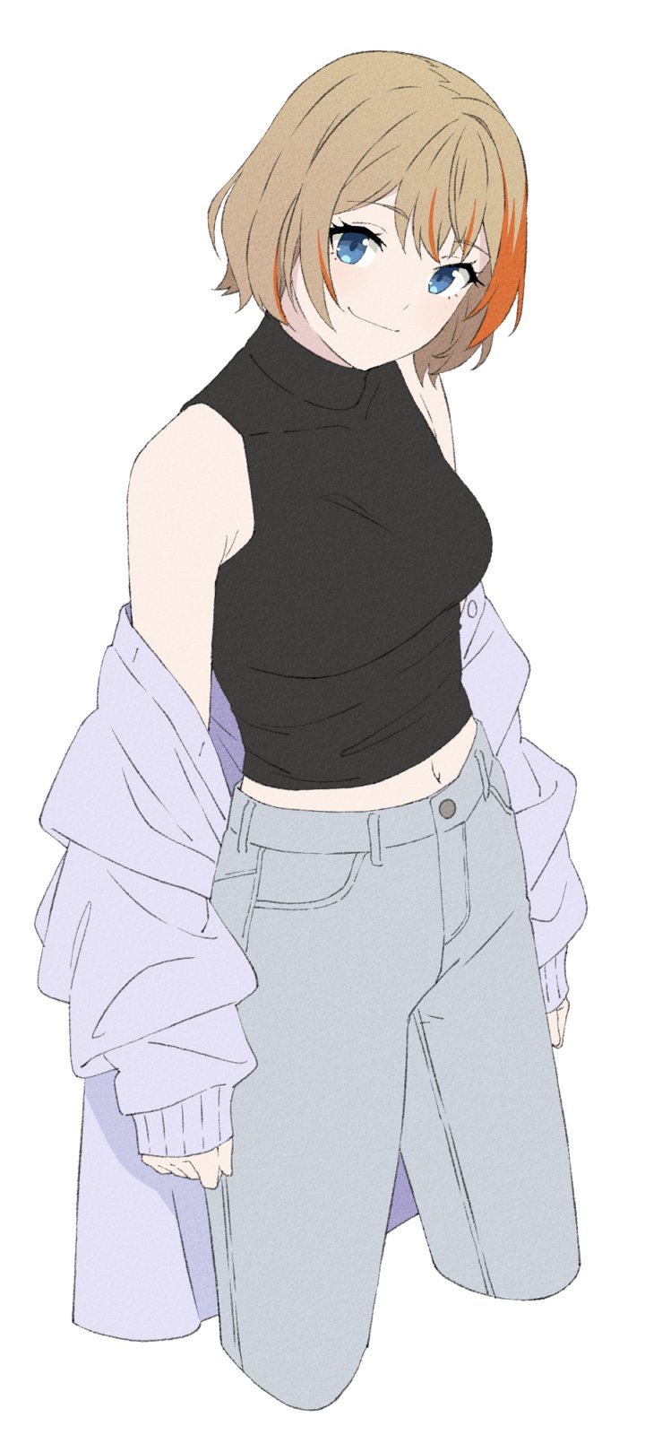 1girl akitetsu black_shirt blue_eyes blush breasts closed_mouth cowboy_shot crop_top cropped_legs grey_pants grey_shirt highres light_brown_hair looking_at_viewer medium_breasts midriff multicolored_hair nanashi_inc. navel official_alternate_costume orange_hair pants shirt shirt_partially_removed short_hair simple_background sleeveless sleeveless_shirt smile solo touri_sei touri_sei_(2nd_costume) turtleneck two-tone_hair virtual_youtuber white_background