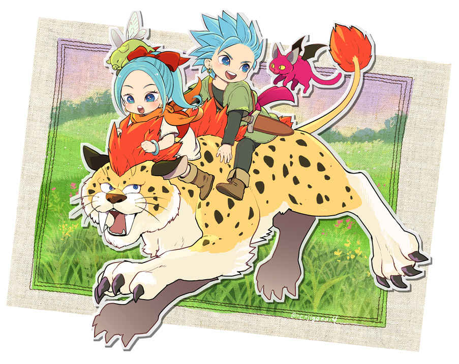 1other 2boys 2girls :d aged_down bat_wings blue_eyes blue_hair boots border bow bracelet brother_and_sister brown_boots camus_(dq11) cat child claws colored_sclera commentary_request dragon_quest dragon_quest_treasures dragon_quest_xi dress earrings floating_clothes floating_hair gold_earrings grass great_sabrecat green_tunic grey_border hair_bow hoop_earrings im5364 insect_wings jewelry knife_sheath looking_at_another looking_back looking_down looking_up maya_(dq11) meowsha_(dqt) multiple_boys multiple_girls open_mouth orange_fur orange_scarf parted_bangs pig pink_fur ponytail red_bow red_fur red_sash red_vest riding sash scarf sharp_teeth sheath short_hair siblings single_bang slit_pupils smile spiked_hair spotted_fur teeth tonbuu_(dqt) tunic twitter_username vest white_background white_dress wings yellow_sclera