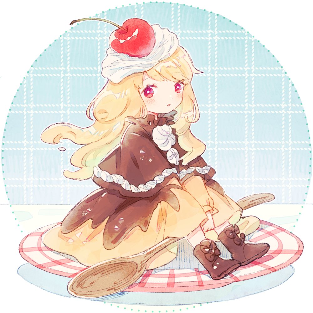 1girl :o between_legs blonde_hair blue_background boots border bright_pupils brown_boots brown_capelet brown_dress capelet cherry conago dot_nose dress food food-themed_hat fruit hand_between_legs holding holding_spoon long_hair long_sleeves looking_at_viewer looking_to_the_side mini_person minigirl on_plate orange_dress original outside_border parted_lips plaid_background plate red_eyes sideways_glance sitting solo spoon swept_bangs three_quarter_view two-tone_dress v_arms whipped_cream white_border white_pupils wind wooden_spoon