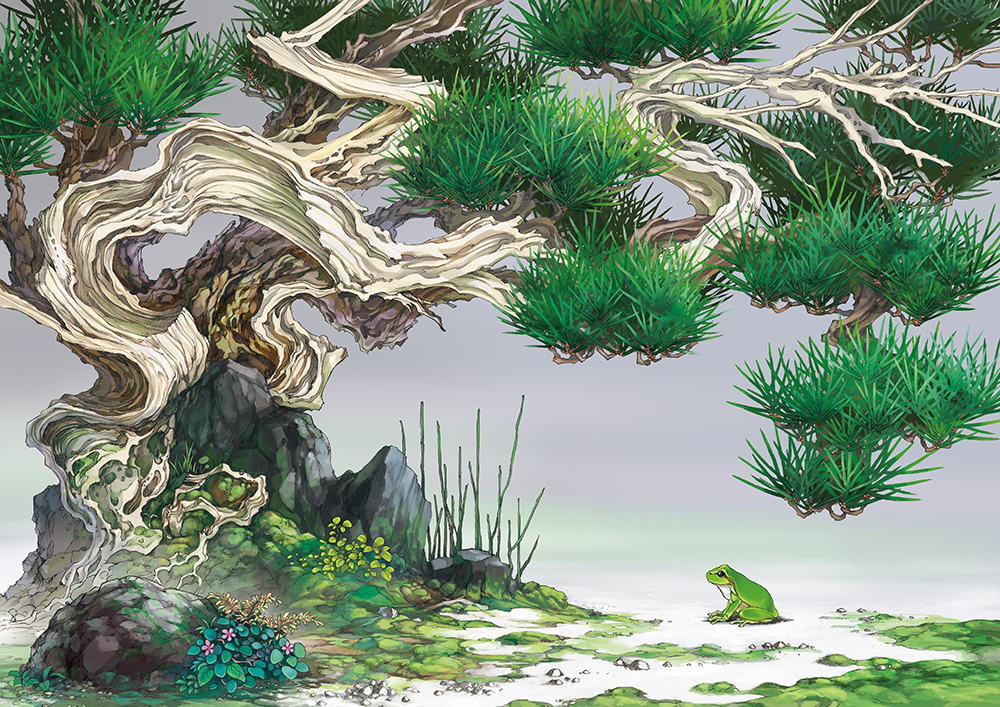 animal bonsai commentary day flower frog grass grey_background moss nature no_humans original outdoors plant rock scenery tree yukoiwase