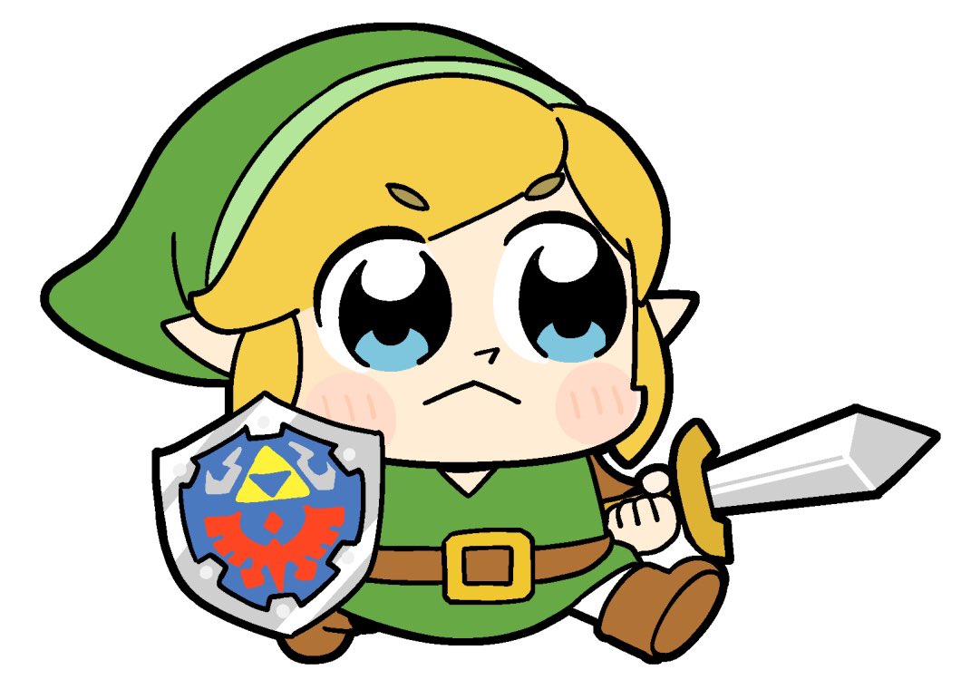 1boy :&lt; belt belt_buckle bkub blonde_hair blue_eyes blush boots brown_belt brown_boots buckle chibi chibi_only closed_mouth green_hat green_tunic hat holding holding_shield holding_sword holding_weapon hylian_shield link male_focus mismatched_eyebrows nintendo pointy_ears pointy_nose running shield short_hair simple_background solo sword the_legend_of_zelda tunic weapon white_background