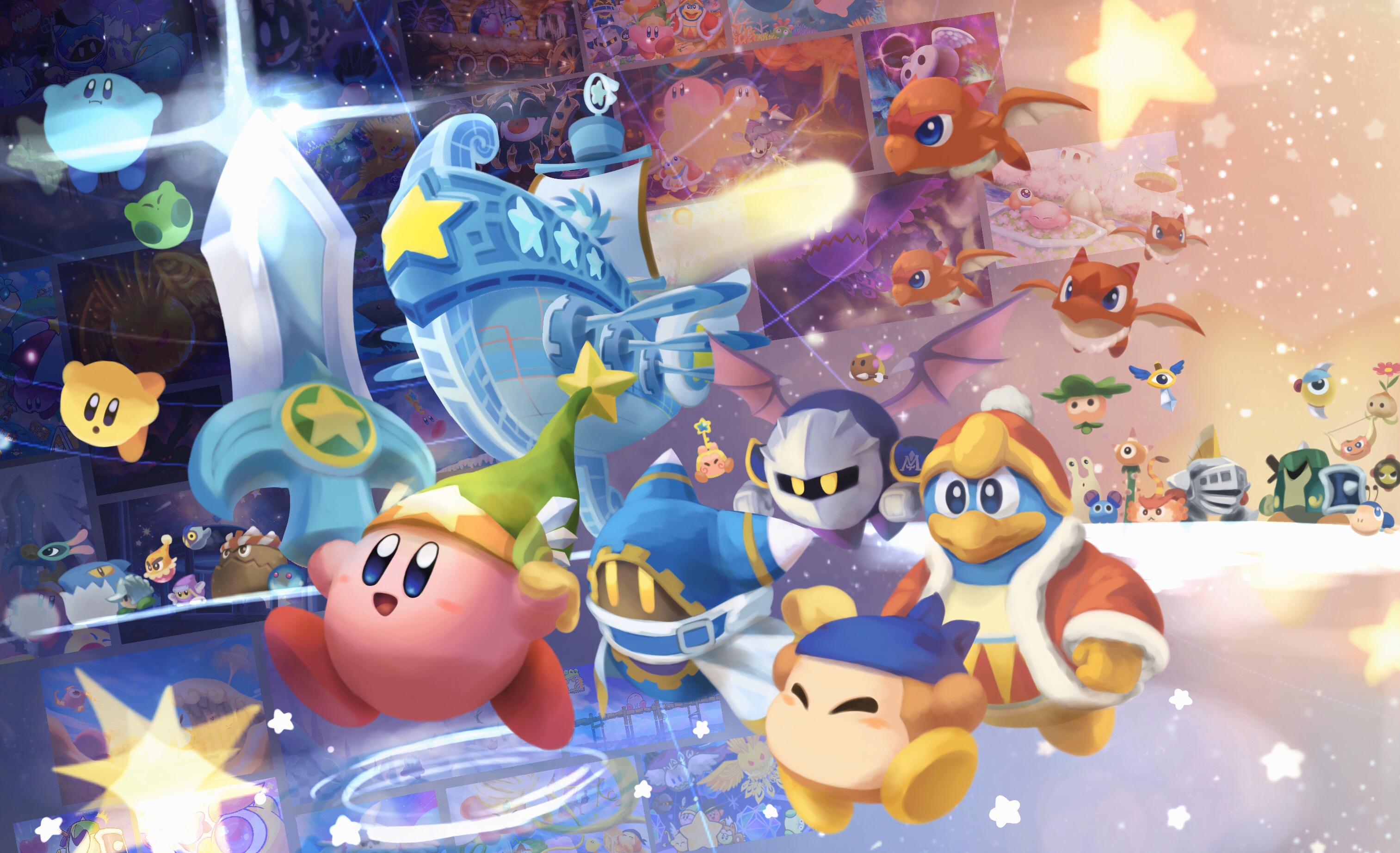 :t ^_^ animal_ears armor bandana bandana_waddle_dee beak beanie belt belt_buckle belt_collar blue_bandana blue_belt blue_eyes blue_footwear blue_hood blue_skin blush_stickers boat buckle cape character_request clenched_hands closed_eyes collar colored_skin copy_ability covered_mouth dragon ear_covers falling flying fur-trimmed_robe fur-trimmed_sleeves fur_trim gleam gloves green_footwear green_skin hat highres holding holding_sword holding_weapon huge_weapon key king_dedede kirby kirby's_return_to_dream_land kirby_(series) landia long_sleeves looking_ahead looking_at_another lor_starcutter magolor meta_knight nintendo no_humans no_mouth open_mouth orange_shoes orange_skin pauldrons pink_skin pom_pom_(clothes) pom_pom_beanie purple_footwear purple_wings rayman_limbs red_footwear red_hat red_robe red_sash reflective_floor ripples robe sailboat sash scarf shoes shoulder_armor sir_kibble smile solid_oval_eyes spread_wings star_(symbol) suyasuyabi sword sword_kirby triangle_print two-tone_sash ultra_sword_kirby waist_sash walking watercraft weapon white_cape white_gloves white_mask white_scarf wings yellow_eyes yellow_gloves yellow_sash yellow_shoes yellow_skin