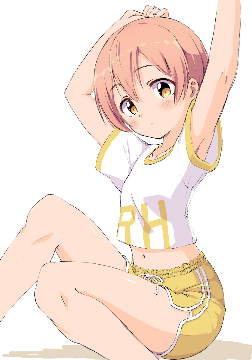 1girl alternate_costume armpit_peek arms_up breasts closed_mouth collarbone cropped_shirt dolphin_shorts feet_out_of_frame hair_between_eyes highres hoshizora_rin knees_up looking_at_viewer love_live! love_live!_school_idol_project midriff navel orange_hair sen_(sen0910) shirt short_hair short_shorts short_sleeves shorts small_breasts solo stretching t-shirt white_shirt yellow_eyes yellow_shorts