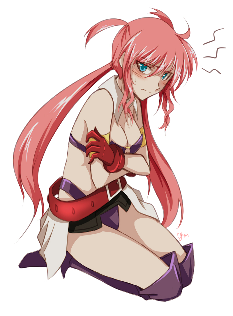 00s 1girl agito_(nanoha) agito_(nanoha)_(cosplay) bad_id bad_pixiv_id belt blush boots breasts cleavage cosplay crossed_arms embarrassed female_focus gloves long_hair lyrical_nanoha magical_girl mahou_shoujo_lyrical_nanoha_strikers medium_breasts midriff o-ring o-ring_top pink_hair quad_tails seiza shumai_(sm318) signum sitting solo sweatdrop thigh_boots thighhighs wavy_mouth