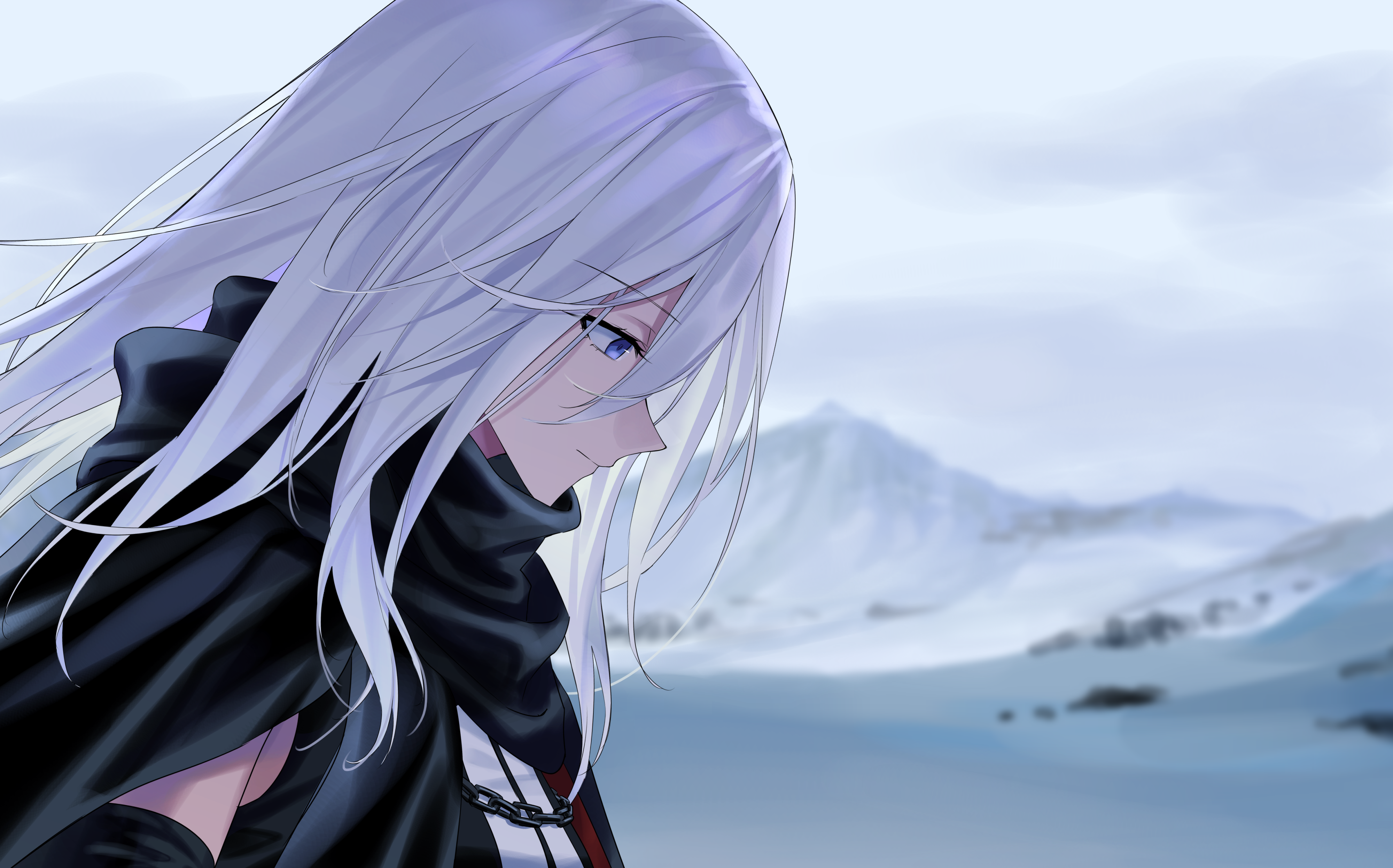 1girl absurdres azur_lane black_scarf blue_eyes closed_mouth code_g_(azur_lane) commentary commission english_commentary from_side hair_between_eyes highres long_hair looking_down mountain outdoors pixiv_commission scarf solo suprii white_hair