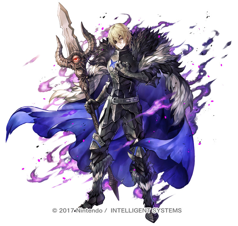 armor black_armor blonde_hair blue_cape boots cape copyright_notice dark_persona dimitri_alexandre_blaiddyd eyepatch fire_emblem fire_emblem:_three_houses fire_emblem_heroes fur_boots fur_trim holding holding_polearm holding_weapon male_focus nintendo official_art polearm senano-yu short_hair simple_background solo weapon white_background yellow_eyes