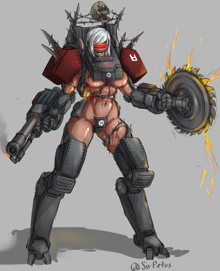 1girl armor barbed_wire bdsm blood breasts circular_saw collar covered_eyes flamethrower full_body grey_background helldivers_(series) hip_armor hulk_(helldivers) large_breasts mecha mechanical_arms mechanical_legs metal_collar midriff navel no_bra no_panties robot saw shadow short_hair shoulder_armor sirpetus skull solo spikes standing tan teeth underboob weapon white_hair