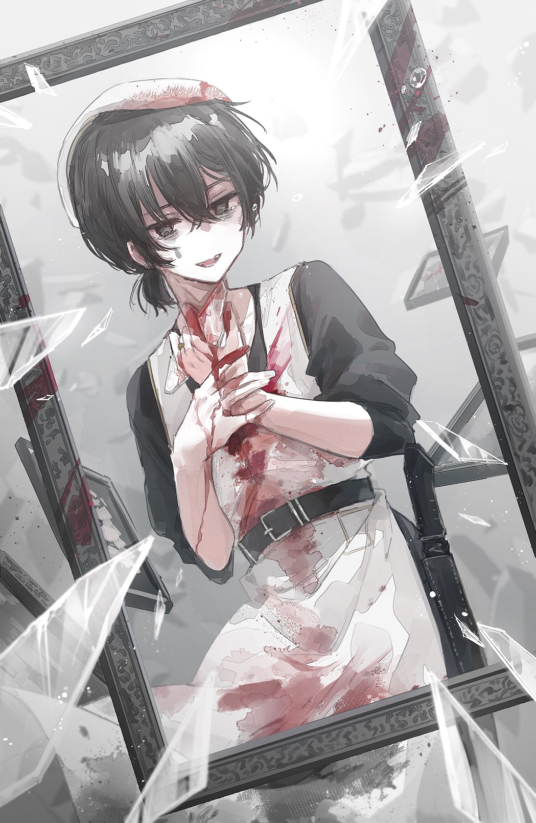 1boy :d apron bags_under_eyes belt beret black_eyes black_hair black_shirt blood blood_on_clothes blood_stain broken_glass double-parted_bangs glass grin hair_between_eyes hat highres holding_own_hand kinugasa0400 limbus_company looking_at_viewer low_ponytail male_focus open_mouth photo_(object) picture_frame ponytail project_moon ring_(identity)_(project_moon) sheath shirt short_hair sleeves_rolled_up smile solo teardrop_facial_mark upper_body white_apron yi_sang_(project_moon)