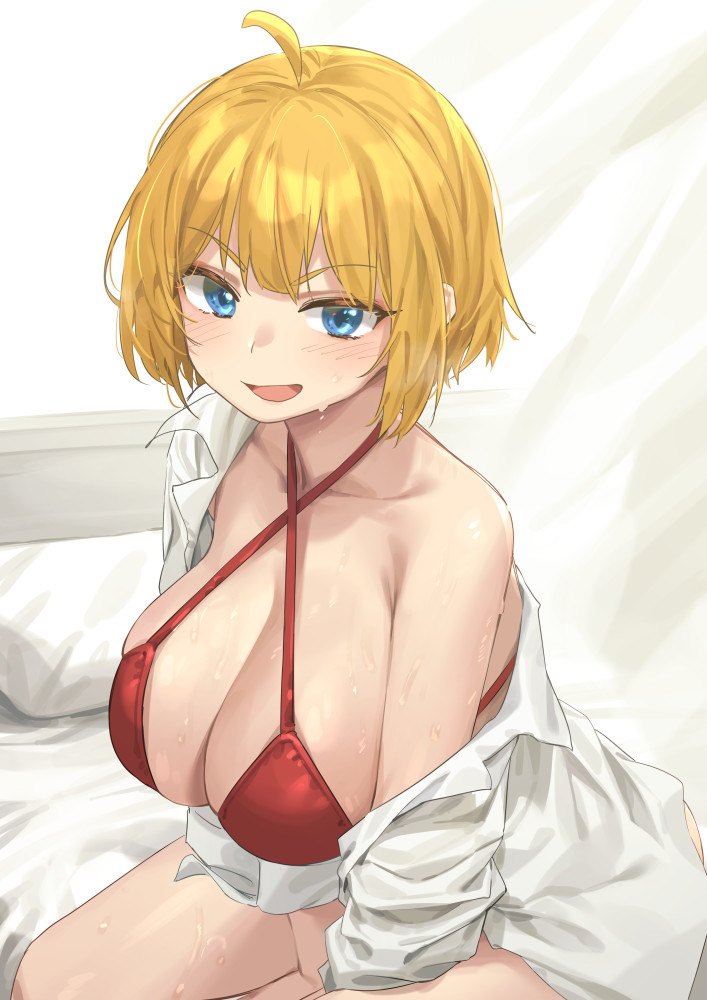 1girl ahoge arms_between_legs blonde_hair blue_eyes blush breasts cleavage griffon_(last_origin) ichihyaku_nanajuu large_breasts last_origin looking_at_viewer medium_hair off_shoulder on_bed pillow shirt sitting solo strap_gap sweat thighs wariza white_shirt