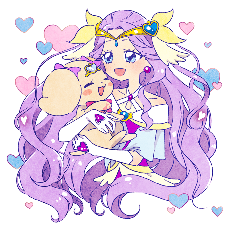1girl :d blue_eyes blush bow circlet commentary_request cure_earth dog dress earrings elbow_gloves fuurin_asumi gloves healin&#039;_good_precure healing_animal heart hoppetoonaka3 jewelry latte_(precure) long_hair magical_girl open_mouth precure purple_dress purple_hair smile white_gloves